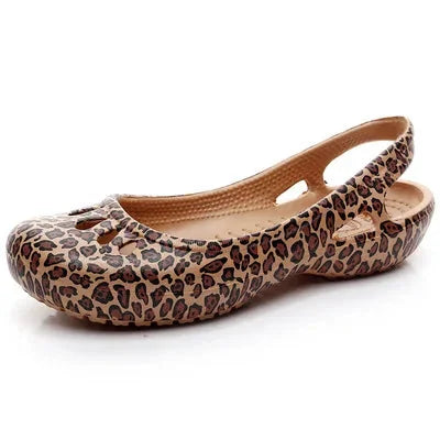 Leopard Women's Waterproof Slingback Jelly Clogs — Trixie Rounded-Toe Cutout Flat - Studio Side Angle Print
