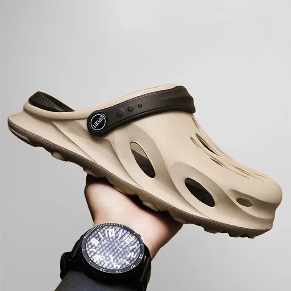 Brown Men's Slip-On Clogs — Oscar Cushioned Breathable Lightweight - Angled Hold Lifestyle