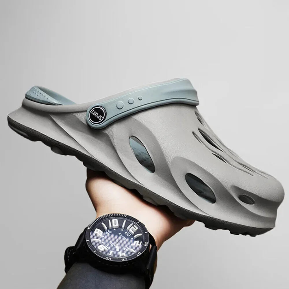 Gray Men's Slip-On Clogs — Oscar Cushioned Breathable Lightweight - Front Hold Lifestyle