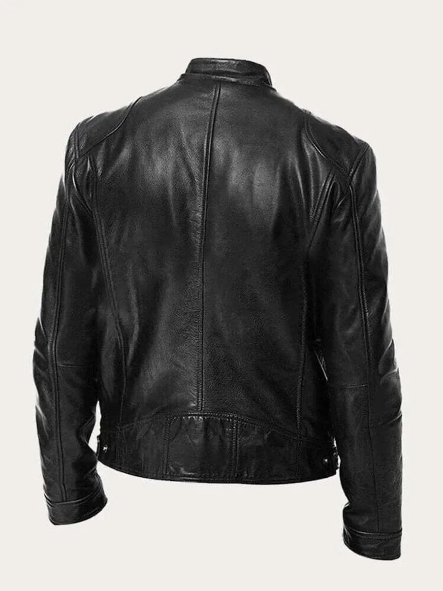 Men's Leather Jacket with Snap Collar & Lightweight Zip-Front Design - Back Full