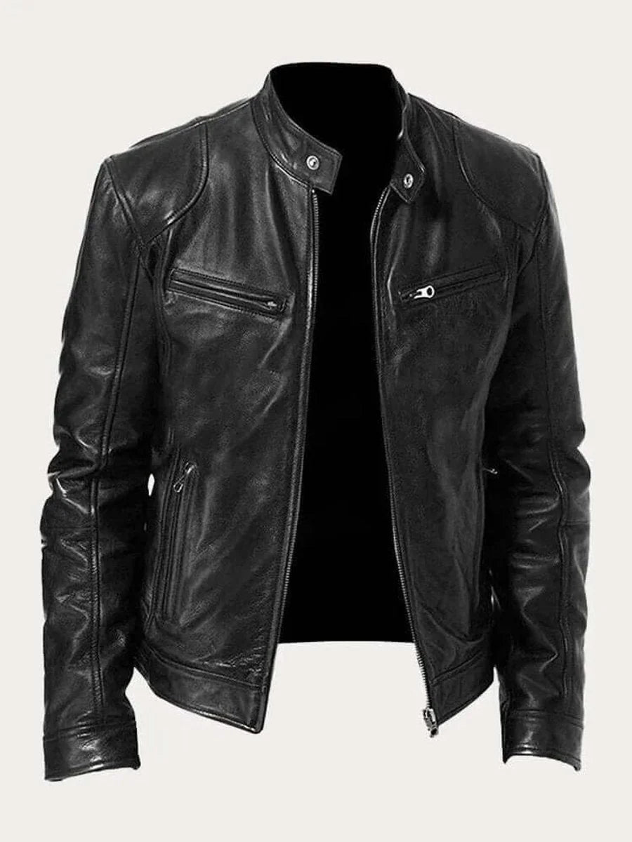 Black Men's Leather Jacket with Snap Collar & Lightweight Zip-Front Design