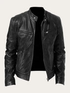 Black Men's Leather Jacket with Snap Collar & Lightweight Zip-Front Design