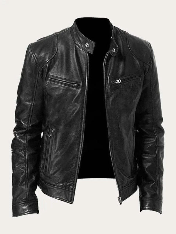 Black Men's Leather Jacket with Snap Collar & Lightweight Zip-Front Design