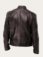 Men's Leather Jacket with Snap Collar & Lightweight Zip-Front Design - Back Full