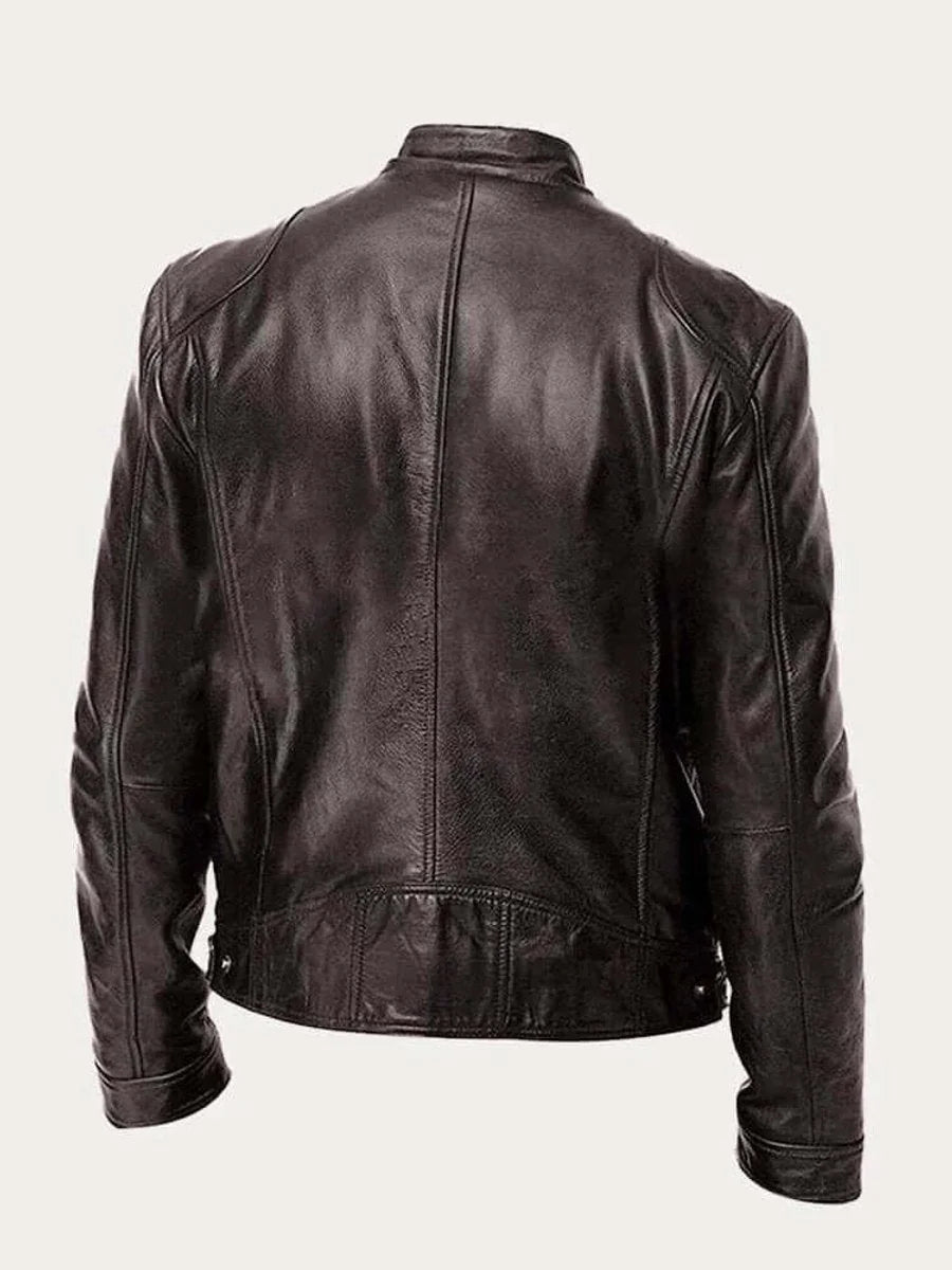 Men's Leather Jacket with Snap Collar & Lightweight Zip-Front Design - Back Full