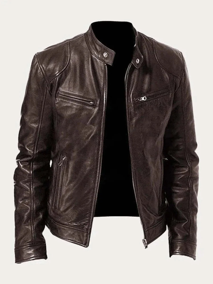 Brown Men's Leather Jacket with Snap Collar & Lightweight Zip-Front Design — Holden