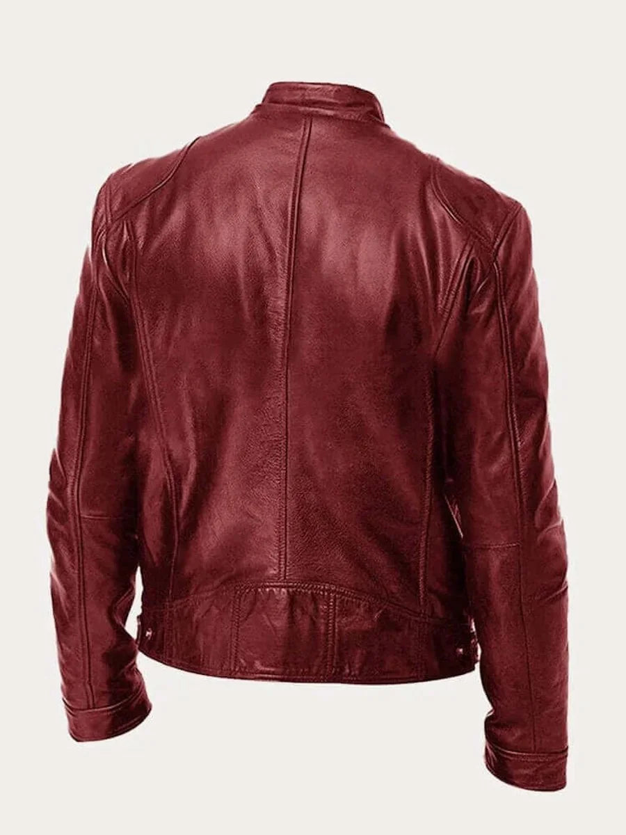Men's Leather Jacket with Snap Collar & Lightweight Zip-Front Design - Back Full
