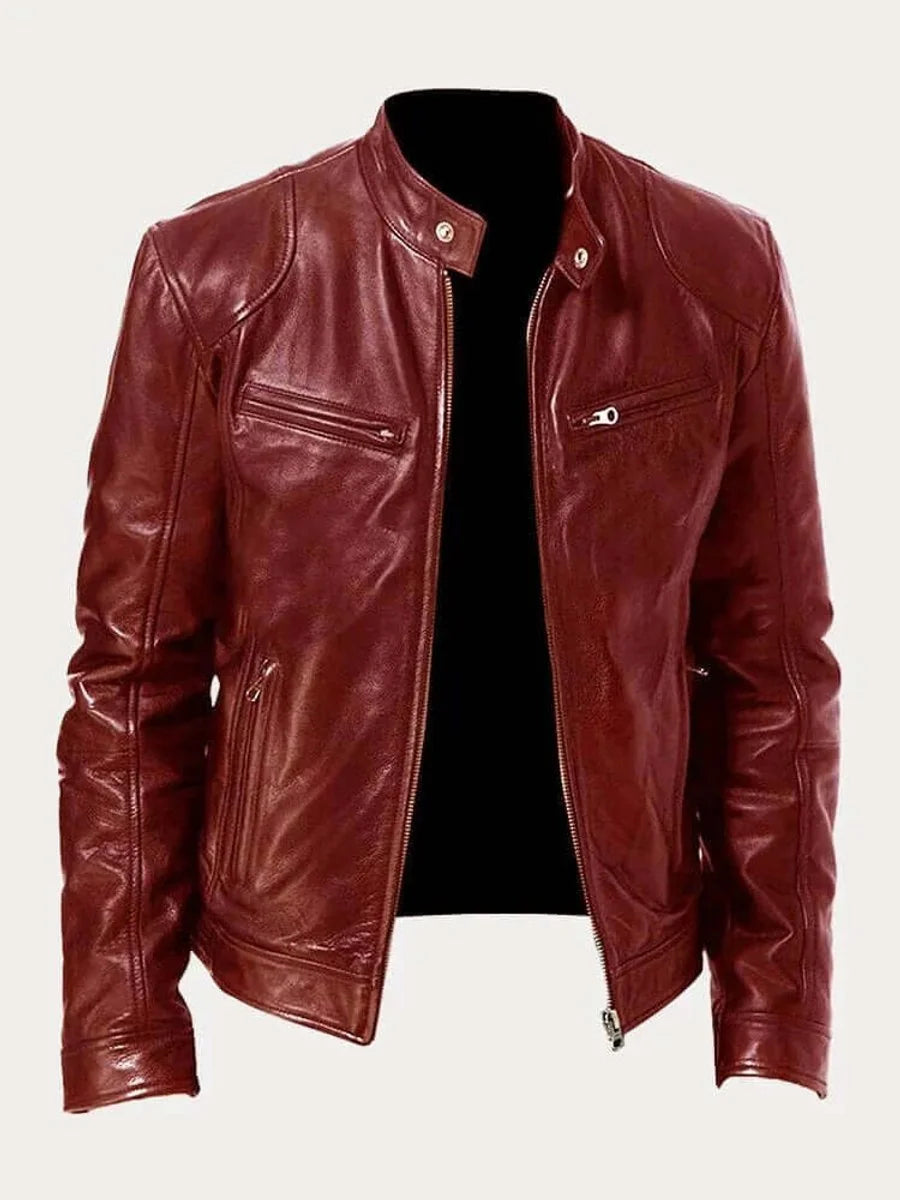 Burgundy Men's Leather Jacket with Snap Collar & Lightweight Zip-Front Design — Holden - Front Open