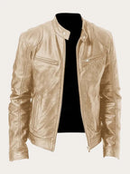 Gold Men's Leather Jacket with Snap Collar & Lightweight Zip-Front Design