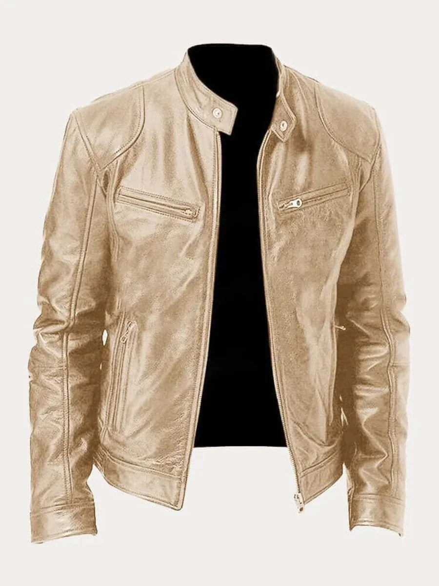 Gold Men's Leather Jacket with Snap Collar & Lightweight Zip-Front Design