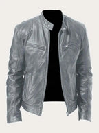 Grey Men's Leather Jacket with Snap Collar & Lightweight Zip-Front Design
