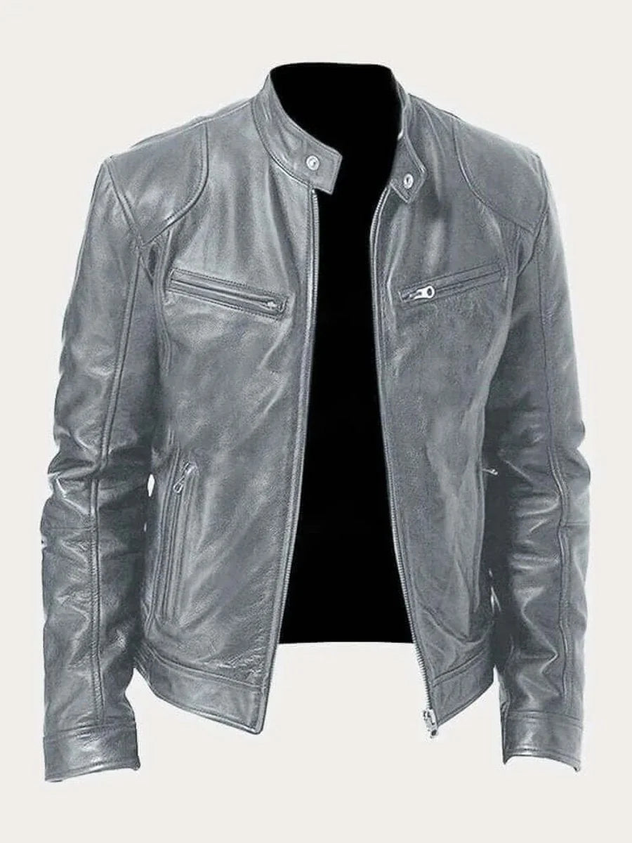 Grey Men's Leather Jacket with Snap Collar & Lightweight Zip-Front Design