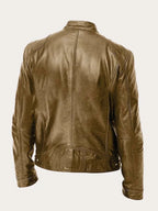 Men's Leather Jacket with Snap Collar & Lightweight Zip-Front Design - Back Full