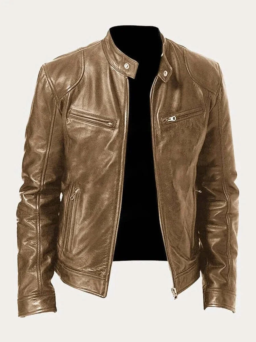 Khaki Men's Leather Jacket with Snap Collar & Lightweight Zip-Front Design