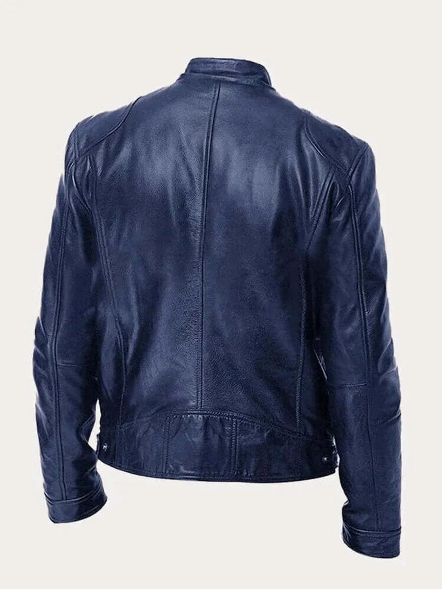Men's Leather Jacket with Snap Collar & Lightweight Zip-Front Design - Back Full