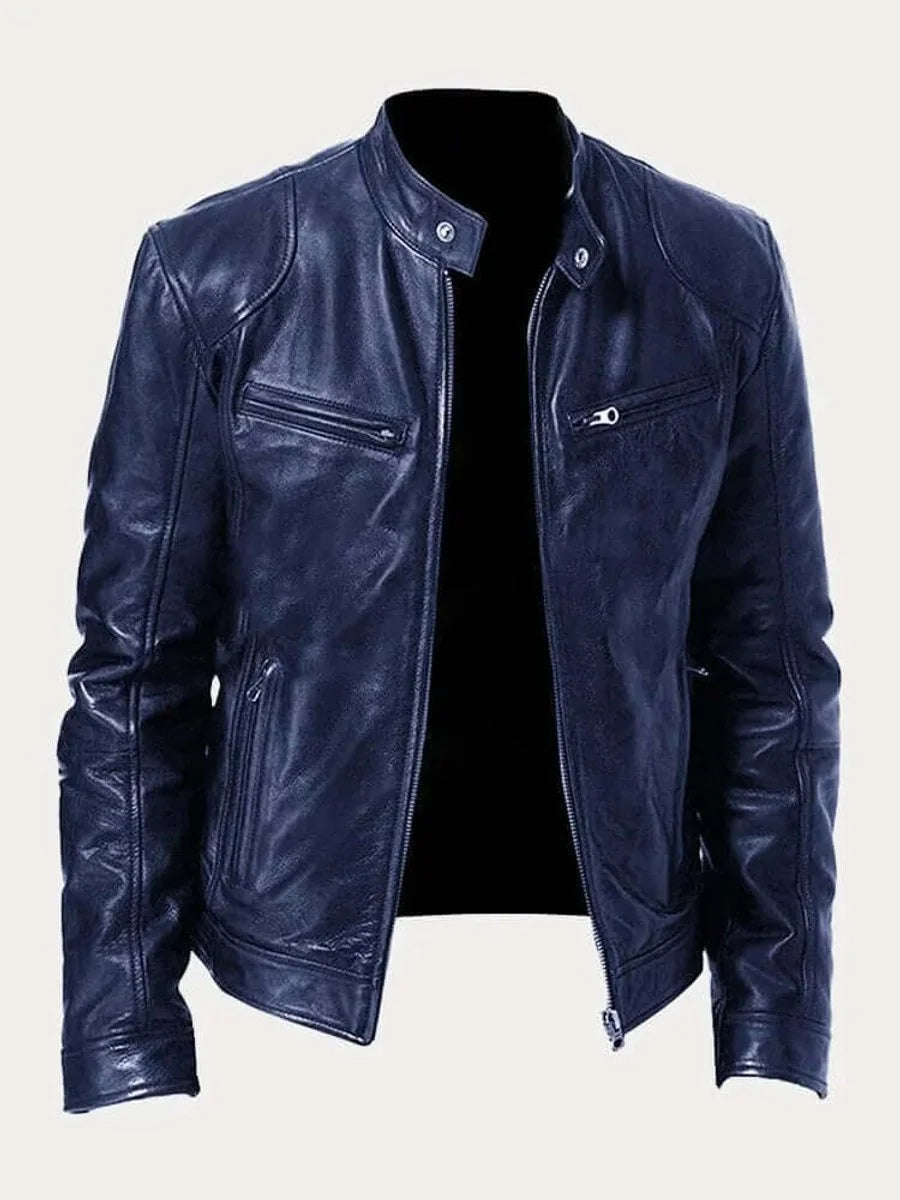 Navy Men's Leather Jacket with Snap Collar & Lightweight Zip-Front Design