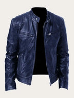 Navy Men's Leather Jacket with Snap Collar & Lightweight Zip-Front Design