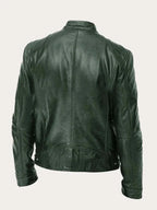 Men's Leather Jacket with Snap Collar & Lightweight Zip-Front Design - Back Full
