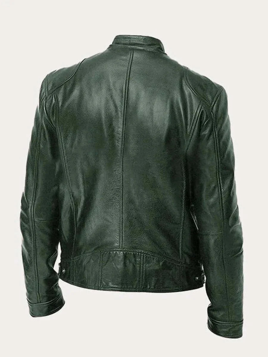 Men's Leather Jacket with Snap Collar & Lightweight Zip-Front Design - Back Full
