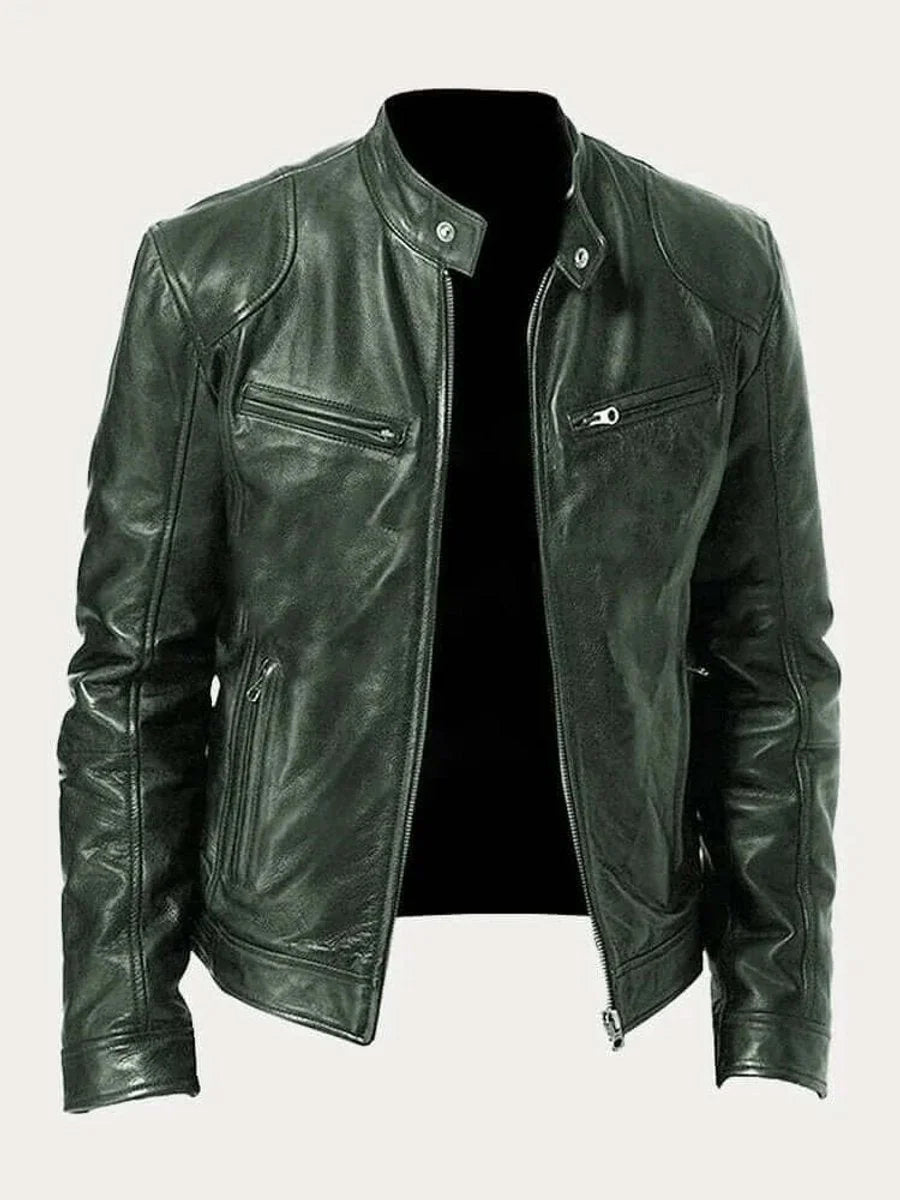Olive Men's Leather Jacket with Snap Collar & Lightweight Zip-Front Design