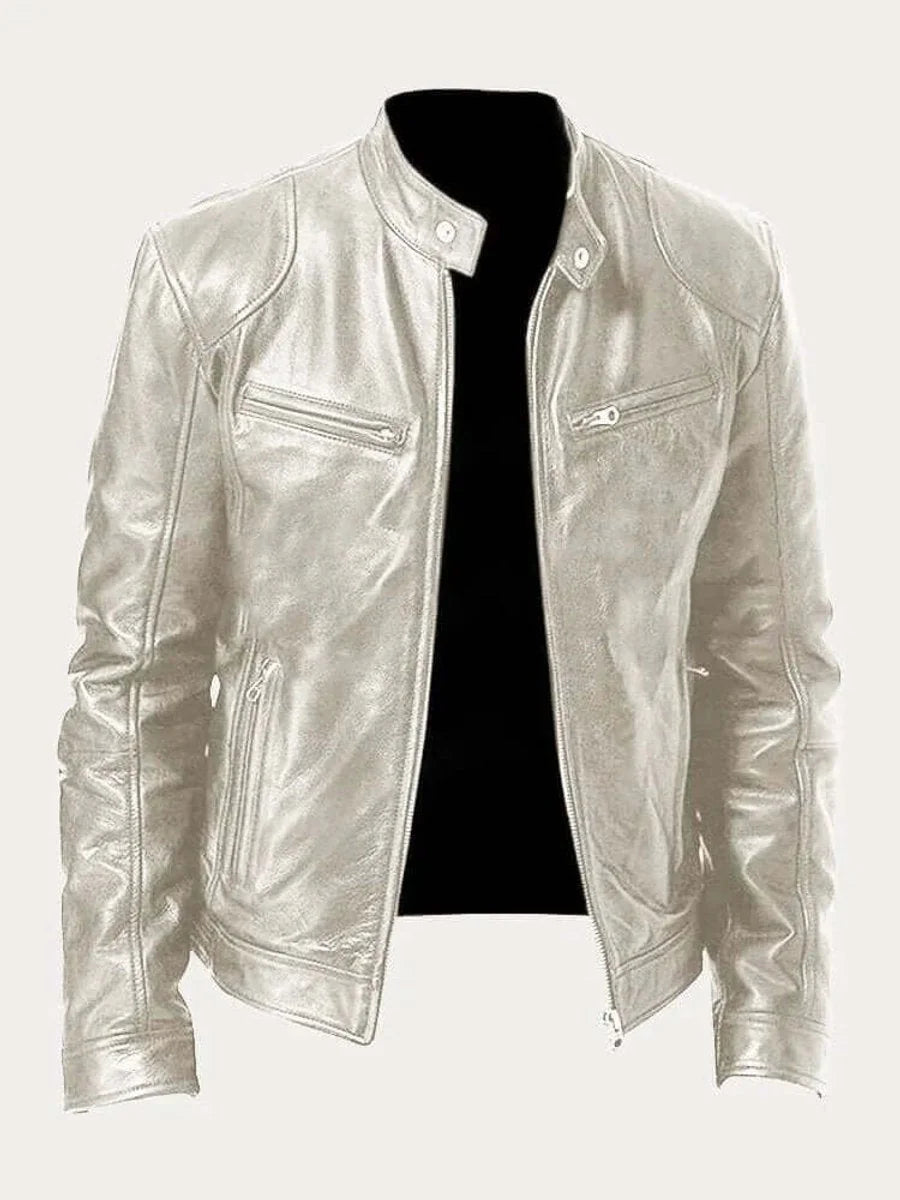 Silver Men's Leather Jacket with Snap Collar & Lightweight Zip-Front Design