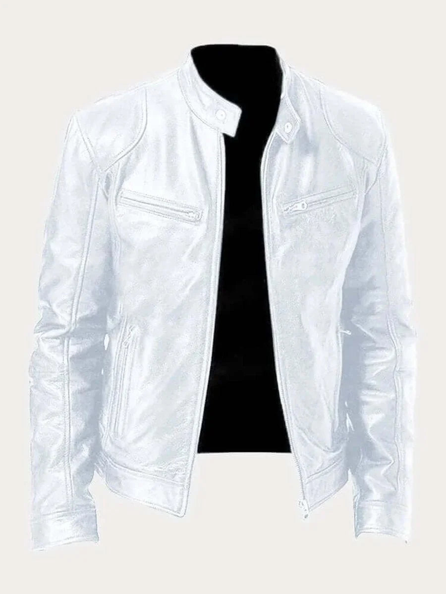 White Men's Leather Jacket with Snap Collar & Lightweight Zip-Front Design - Front Open