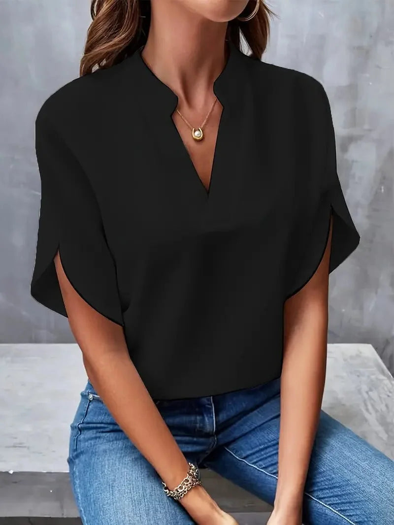 Black Women's Casual Blouse in Flowing Chiffon with Split Sleeves & V-Neck