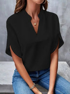 Black Women's Casual Blouse in Flowing Chiffon with Split Sleeves & V-Neck