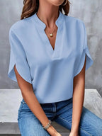 Blue Women's Casual Blouse in Flowing Chiffon with Split Sleeves & V-Neck