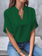 Green Women's Casual Blouse in Flowing Chiffon with Split Sleeves & V-Neck