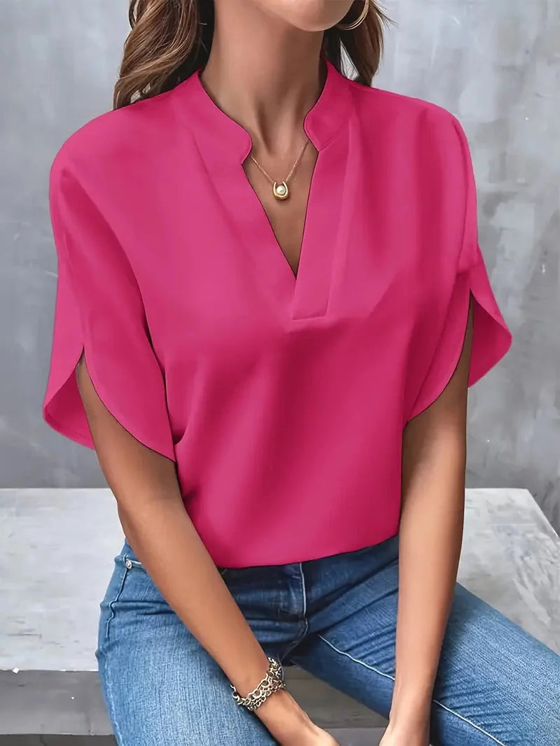Pink Women's Casual Blouse in Flowing Chiffon with Split Sleeves & V-Neck — Catherine
