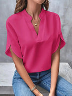 Pink Women's Casual Blouse in Flowing Chiffon with Split Sleeves & V-Neck — Catherine
