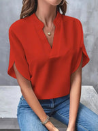 Red Women's Casual Blouse in Flowing Chiffon with Split Sleeves & V-Neck