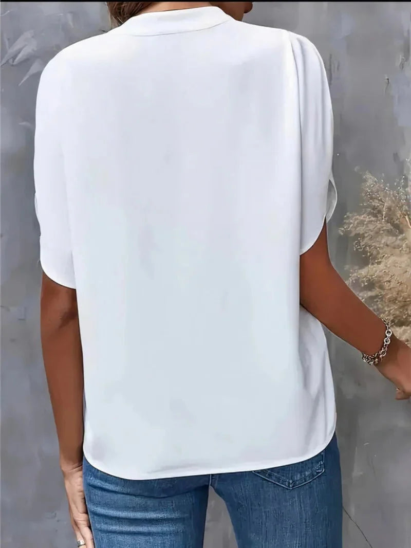 White Women's Casual Blouse in Flowing Chiffon with Split Sleeves & V-Neck — Catherine - Back Detail