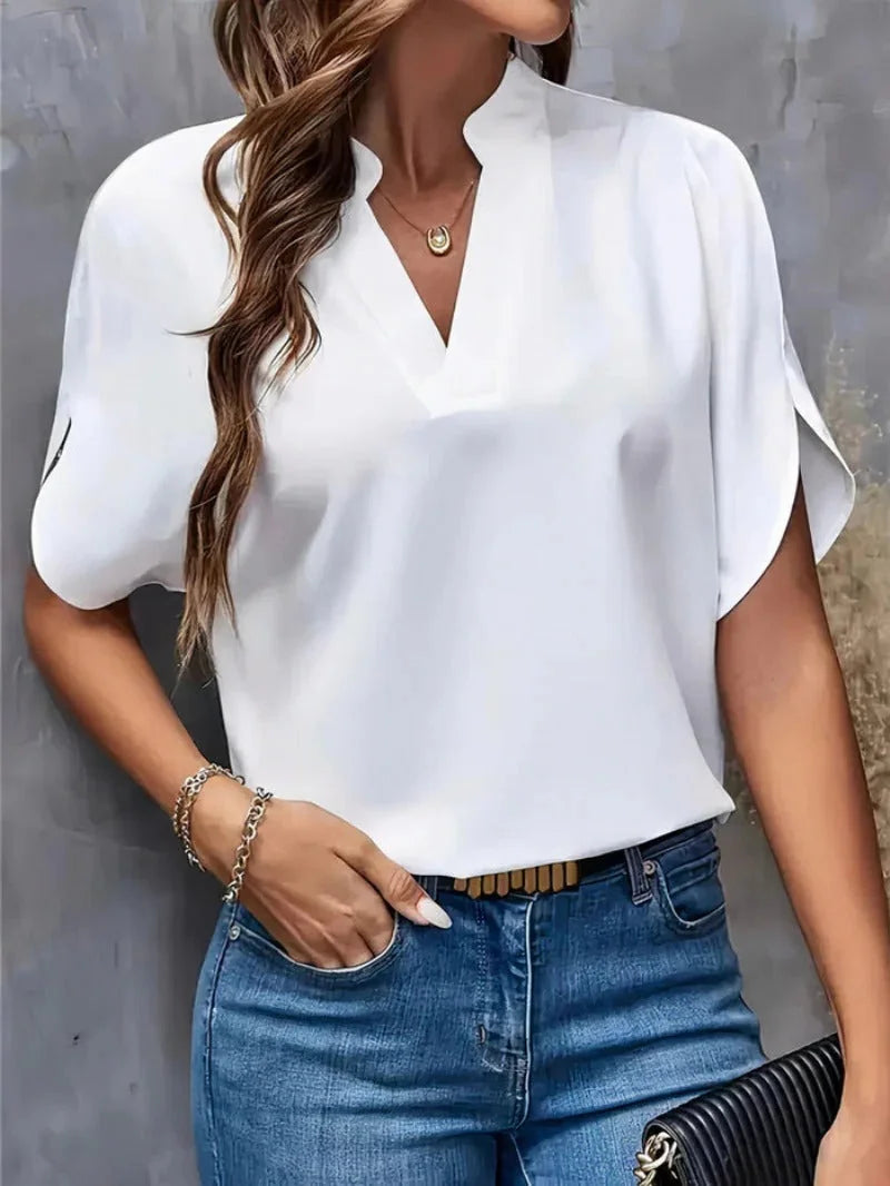 White Women's Casual Blouse in Flowing Chiffon with Split Sleeves & V-Neck — Catherine - Outdoor Pose