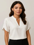 White Women's Casual Blouse in Flowing Chiffon with Split Sleeves & V-Neck — Catherine - Studio