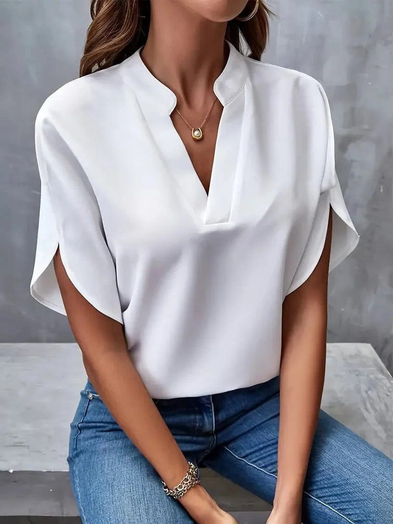 White Women's Casual Blouse in Flowing Chiffon with Split Sleeves & V-Neck — Catherine