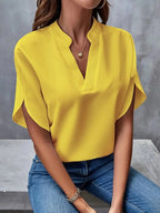 Yellow Women's Casual Blouse in Flowing Chiffon with Split Sleeves & V-Neck