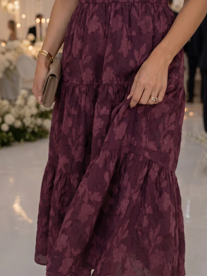 Pink Women's Floral Square Neck Puff Sleeve Midi Dress with Embroidered Tiered Skirt — Margot - Side Full