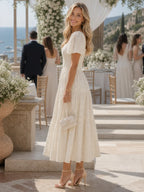 White Women's Floral Square Neck Puff Sleeve Midi Dress with Embroidered Tiered Skirt — Margot - Front Smile