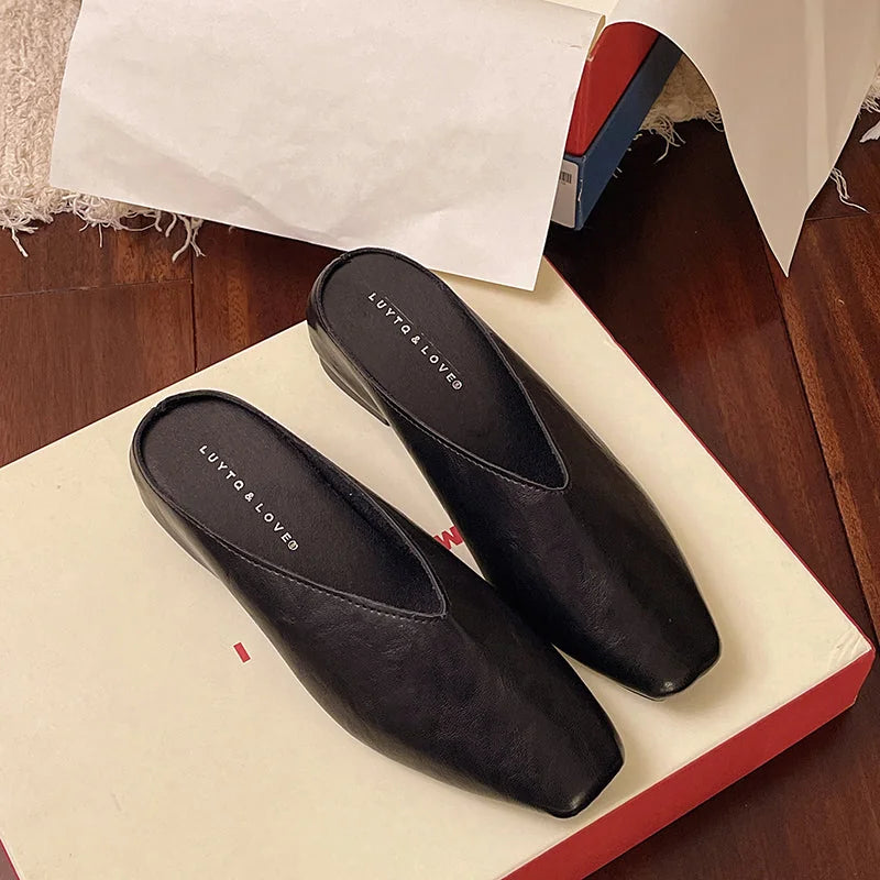Black Women's Square Toe Leather Flats — Felicity Polished Block Heel Mules - Flat Lay Box Top