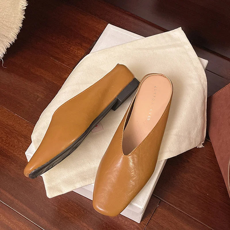 Brown Women's Square Toe Leather Flats — Felicity Polished Block Heel Mules - Flat Lay Boxed