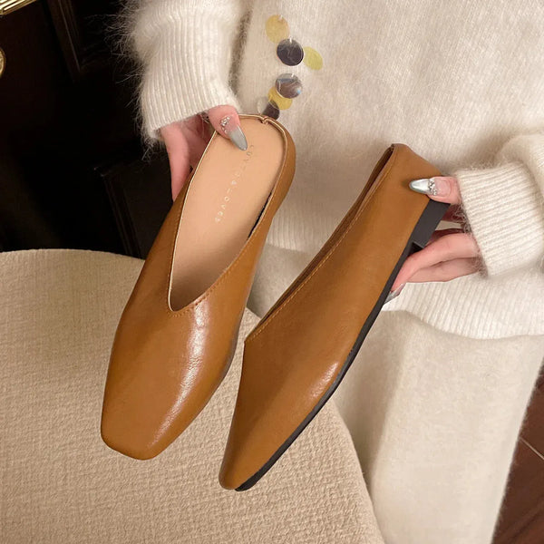 Brown Women's Square Toe Leather Flats — Felicity Polished Block Heel Mules - Hand Hold Pair