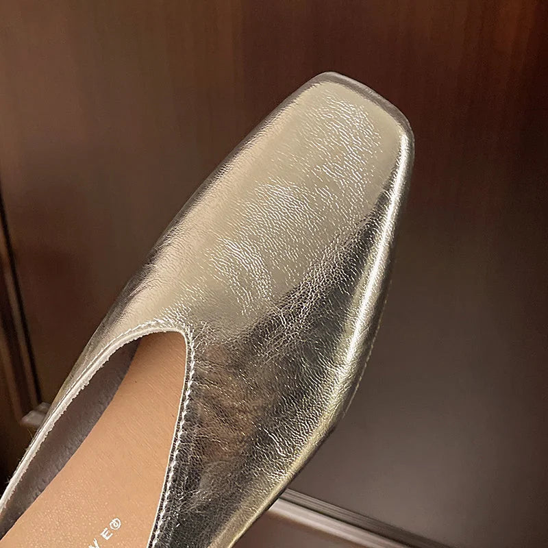 Gold Women's Square Toe Leather Flats — Felicity Polished Block Heel Mules - Close Up Toe