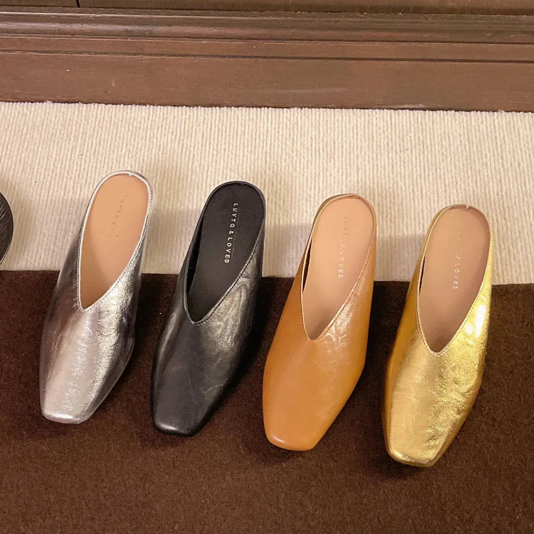 Gold Women's Square Toe Leather Flats — Felicity Polished Block Heel Mules - Group Lineup