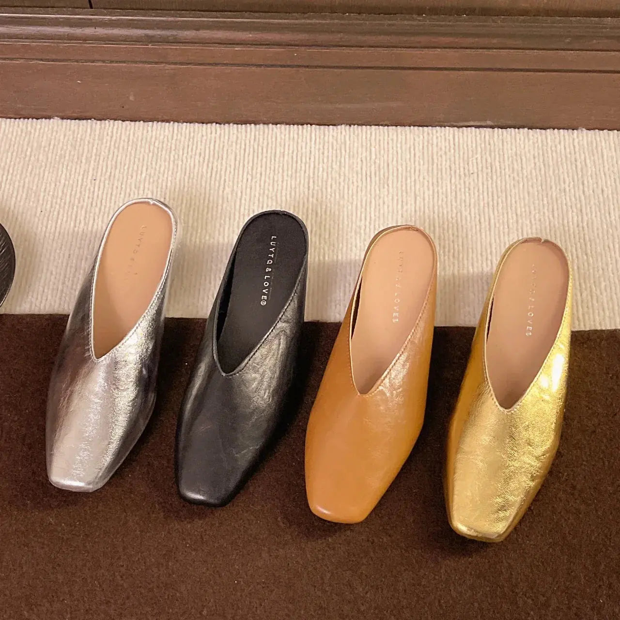 Gold Women's Square Toe Leather Flats — Felicity Polished Block Heel Mules - Group Lineup