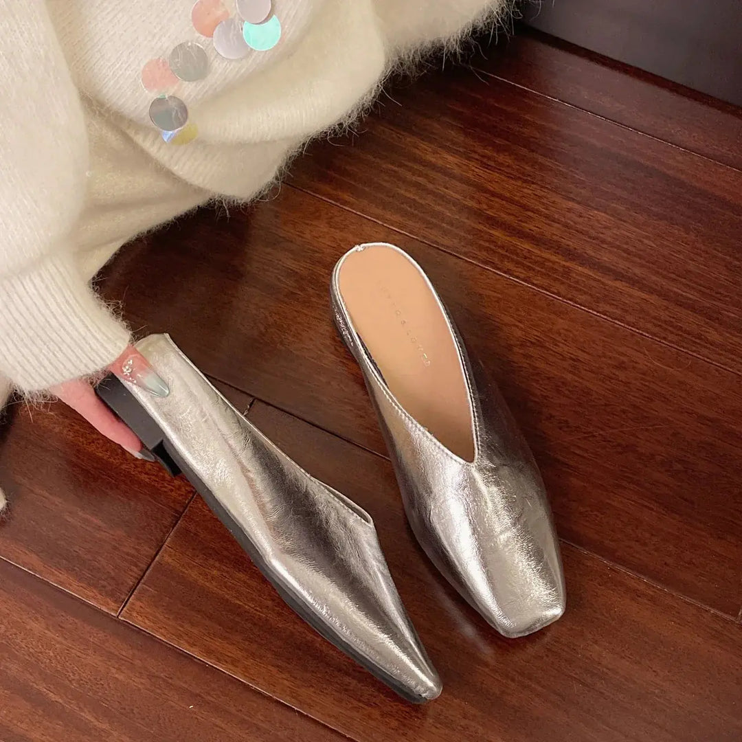 Silver Women's Square Toe Leather Flats — Felicity Polished Block Heel Mules - Hand Hold Floor