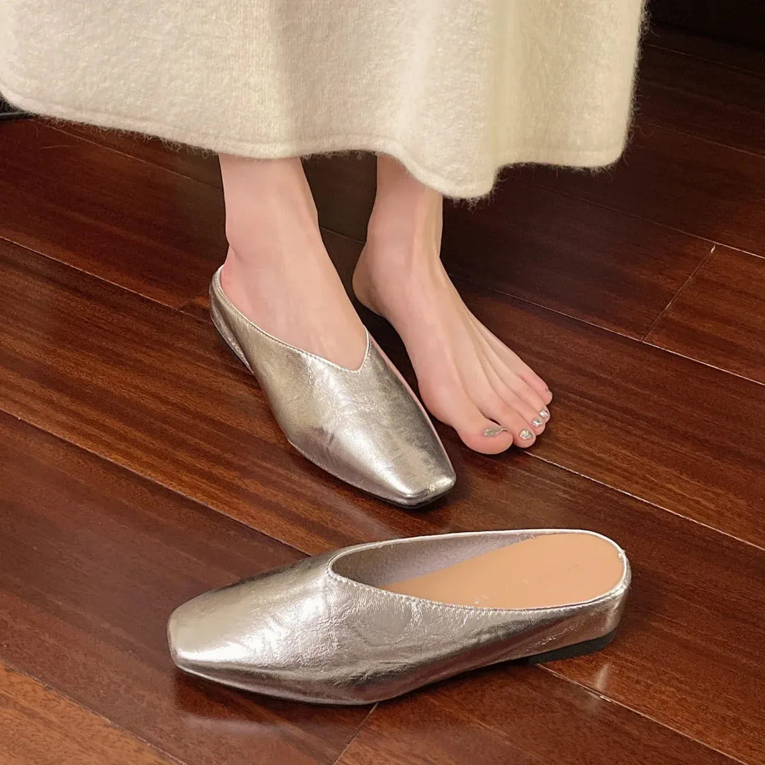 Silver Women's Square Toe Leather Flats — Felicity Polished Block Heel Mules - Worn Barefoot