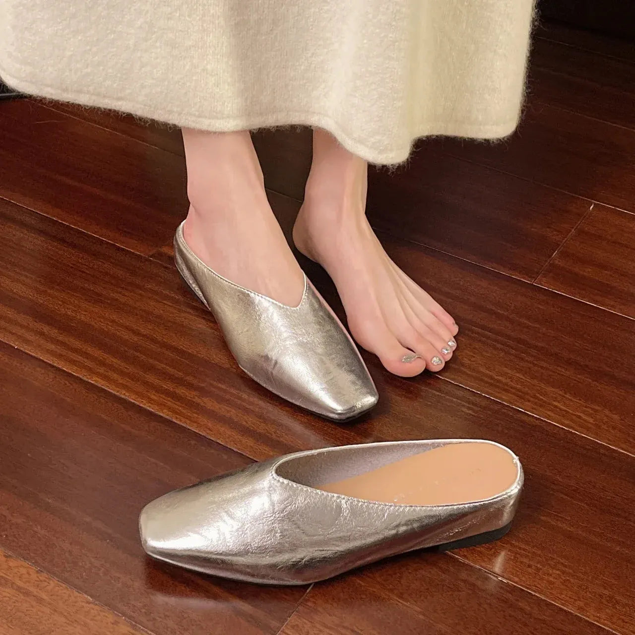 Silver Women's Square Toe Leather Flats — Felicity Polished Block Heel Mules - Worn Barefoot
