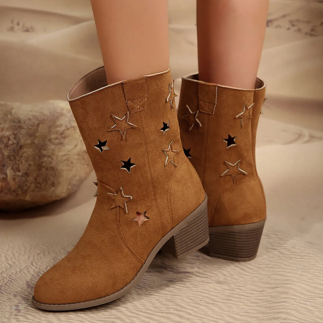 Brown Women's Western Cowboy Boots — Fae Cushioned Star Cutout Block Heel - Back Walking Detail